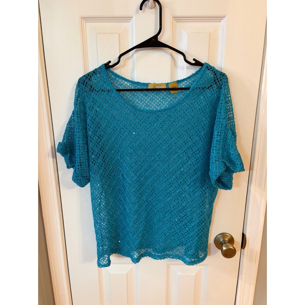 Valerie Stevens Knit Top Women Large Turquoise Crochet Sequin Short Sleeve Boho
